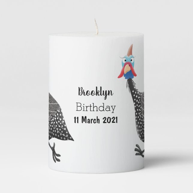 Funny Guineafowl bird cartoon illustration Pillar Candle (Front)