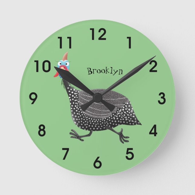 Funny Guineafowl bird cartoon illustration Round Clock (Front)