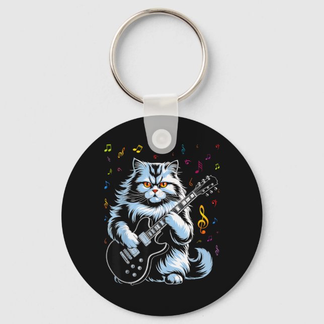 Funny Guitar Cat Rock Playing Keychain (Front)