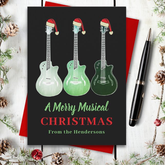 Funny Guitar Christmas Merry Musical Personalized Holiday Card (Christmas guitar custom music themed holiday card)