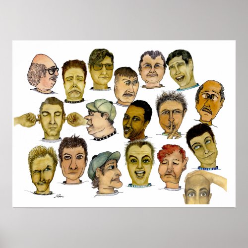 Funny Guys with Silly Faces watercolor  Poster