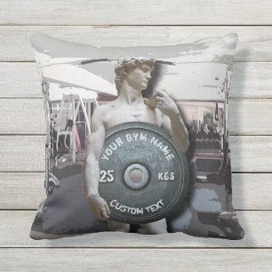 Funny Gym Owner Fitness David Holding Weight Throw Pillow