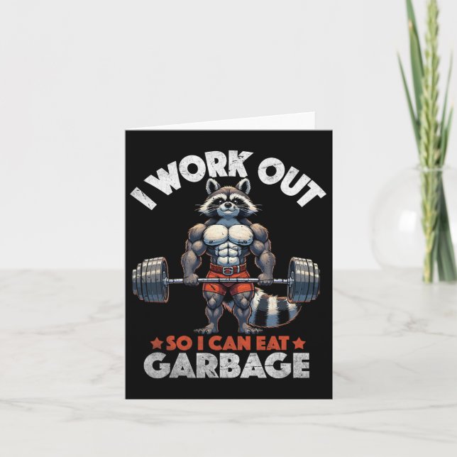 Funny Gym Workout Muscled Raccoon Weight Training  Card (Front)
