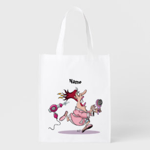 Funny Hairdresser Gifts On Zazzle Funny Hairdresser Hairstylist Cartoon Personalized Reusable Grocery Bag