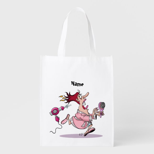 Funny Hairdresser hairstylist cartoon personalized Reusable Grocery Bag (Front)