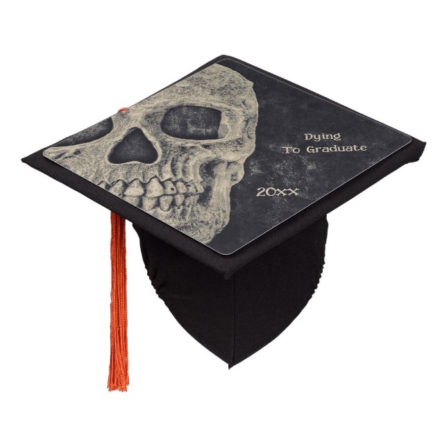 Funny Half Skull Gothic Cool Old Gray Beige Grunge Graduation Cap Topper (Angled)
