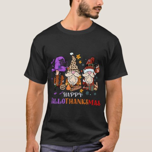 Funny HalloThanksMas Gnomes Halloween Thanksgiving T_Shirt
