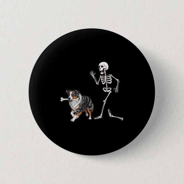 Funny Halloween Australian Shepherd And Skeleton  Button (Front)