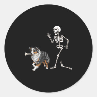 Funny Halloween Australian Shepherd And Skeleton Classic Round Sticker