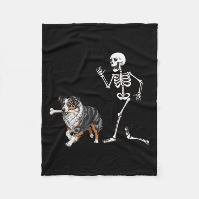 Funny Halloween Australian Shepherd And Skeleton  Fleece Blanket (Front)