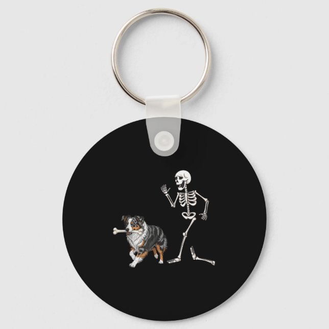 Funny Halloween Australian Shepherd And Skeleton  Keychain (Front)