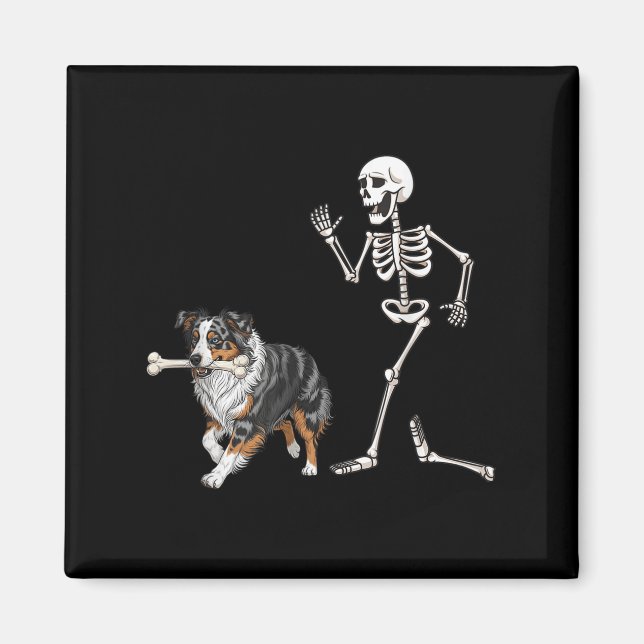 Funny Halloween Australian Shepherd And Skeleton  Magnet (Front)
