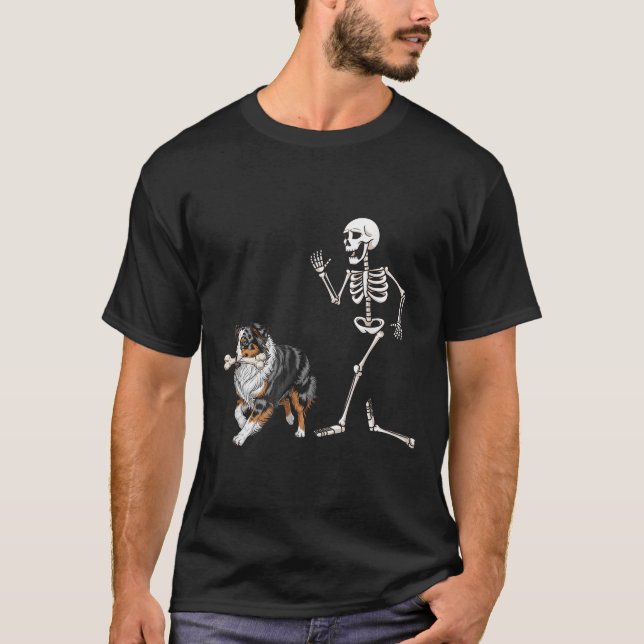 Funny Halloween Australian Shepherd And Skeleton  T-Shirt (Front)