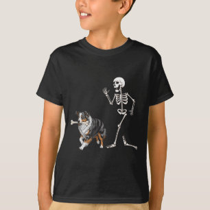 Funny Halloween Australian Shepherd And Skeleton  T-Shirt