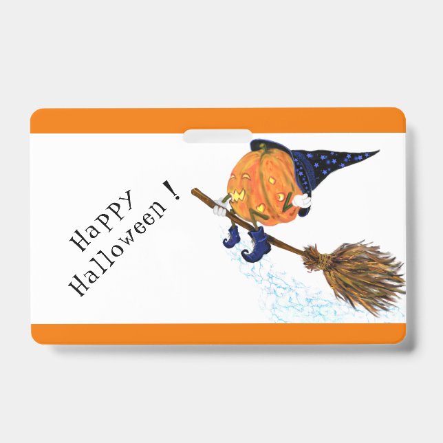 Funny Halloween Badge Witch Pumpkin with Broom (Front)