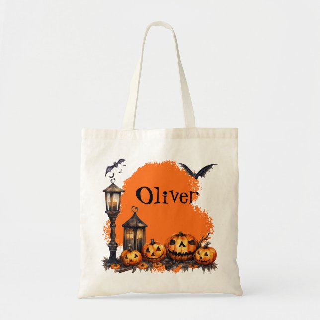 Funny Halloween Bats and Spooky Pumpkin Custom Tote Bag (Front)