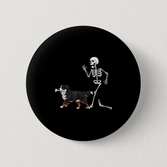 Funny Halloween Bernese Mountain Dog And Skeleton  Button (Front)
