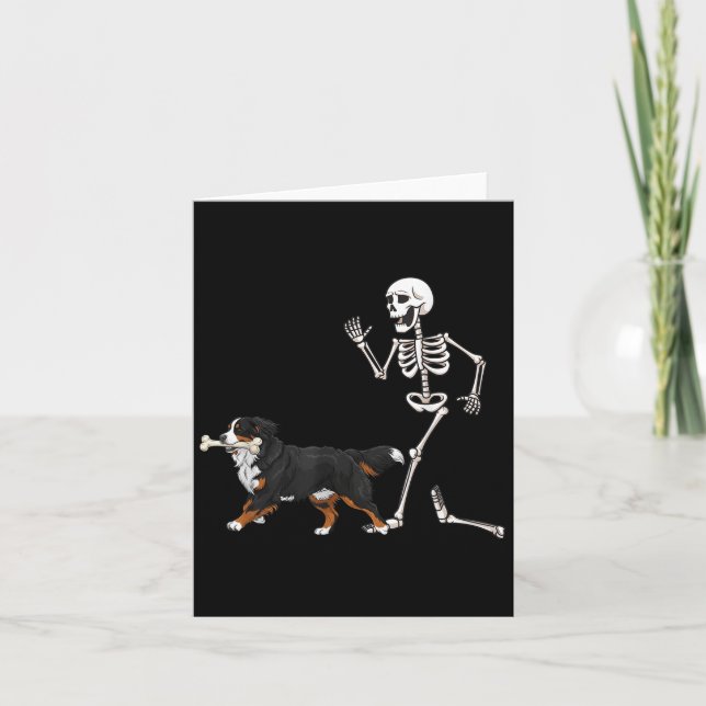 Funny Halloween Bernese Mountain Dog And Skeleton  Card (Front)