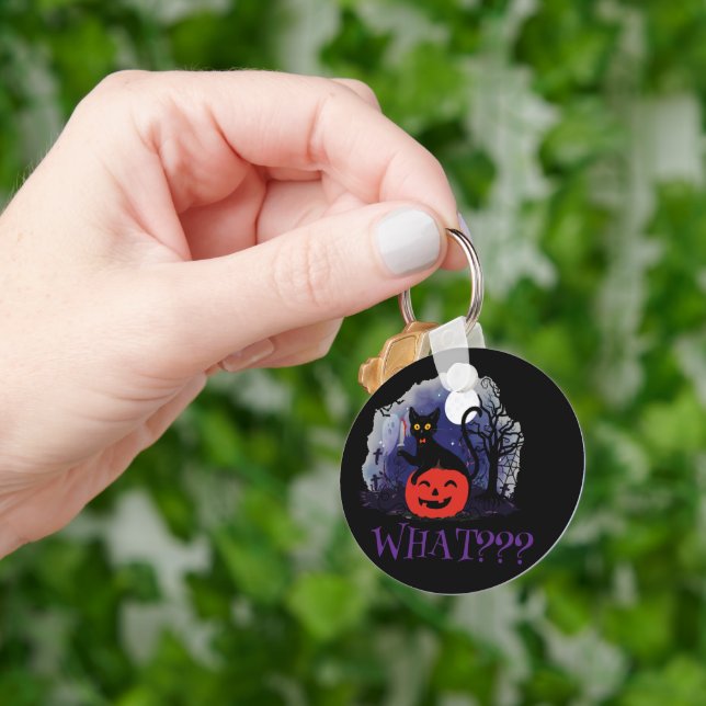 Funny Halloween Bewitched Black Cat What? Keychain (Hand)
