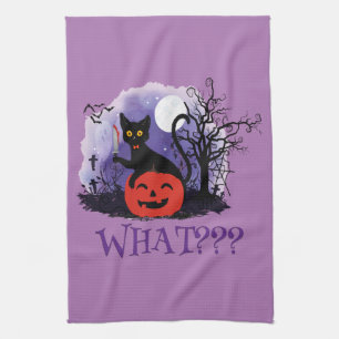 Funny Halloween Bewitched Black Cat What? Kitchen Towel