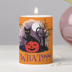 Funny Halloween Bewitched Black Cat What? Pillar Candle