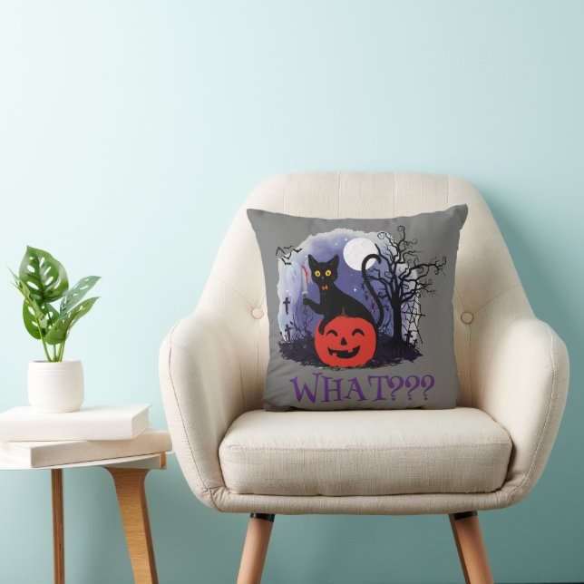 Funny Halloween Bewitched Black Cat What? Throw Pillow (Chair)