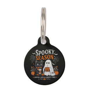 Funny Halloween Black Cat and Ghost Coffee Lover Pet ID Tag