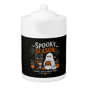 Funny Halloween Black Cat and Ghost Coffee Lover Teapot