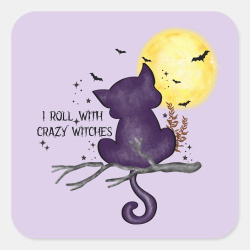 Funny Halloween Black Cat and Magical Moon Square Sticker