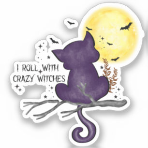 Funny Halloween Black Cat and Magical Moon Sticker