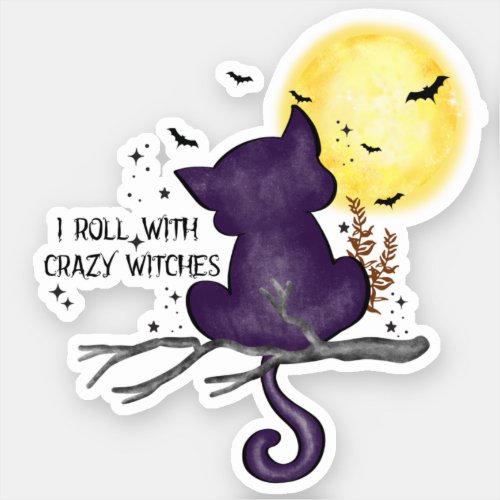 Funny Halloween Black Cat and Magical Moon Sticker