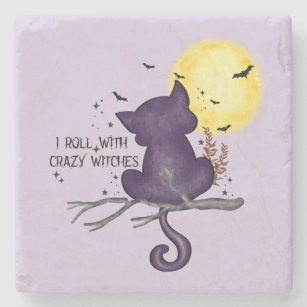 Funny Halloween Black Cat and Magical Moon Stone Coaster