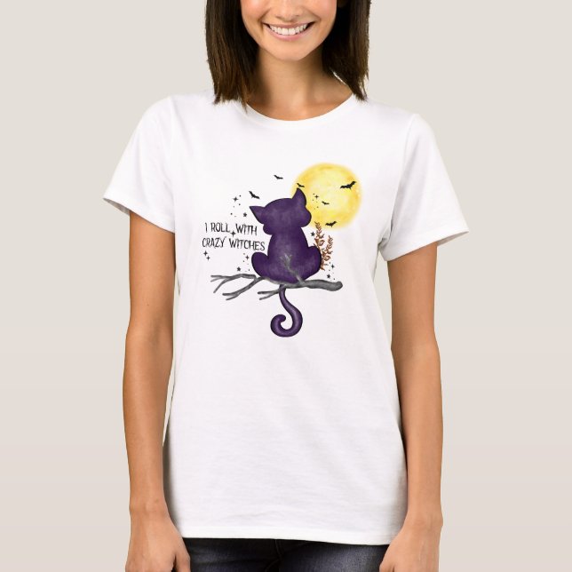 Funny Halloween Black Cat and Magical Moon T-Shirt (Front)