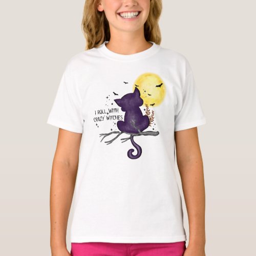 Funny Halloween Black Cat and Magical Moon T_Shirt