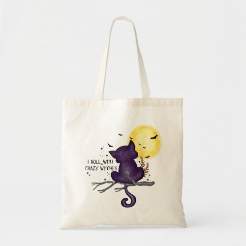 Funny Halloween Black Cat and Magical Moon Tote Bag