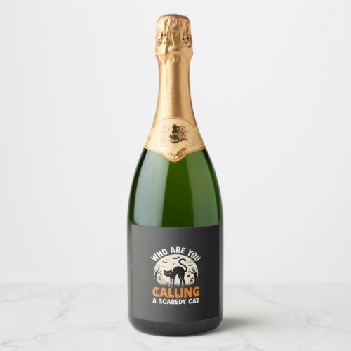 Funny Halloween Black Cat Scaredy Cat Vector Desig Sparkling Wine Label