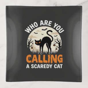 Funny Halloween Black Cat Scaredy Cat Vector Desig Trinket Tray