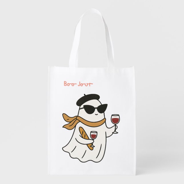 Funny Halloween Boo Jour Trick or Treat Grocery Bag (Front)