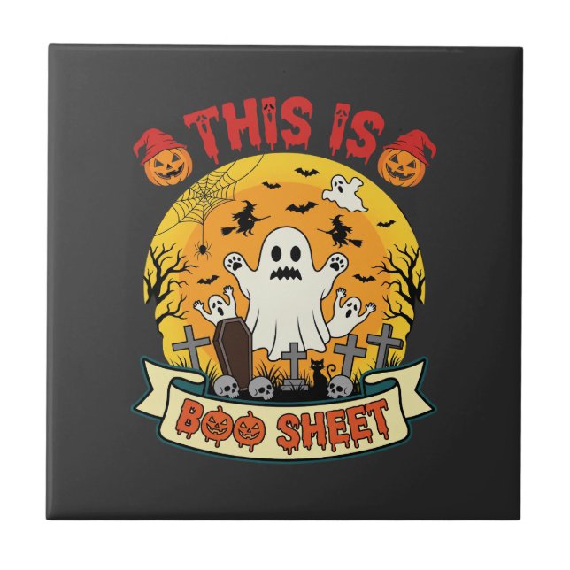 Funny Halloween Boo Sheet Ghost Graveyard Ceramic Tile (Front)