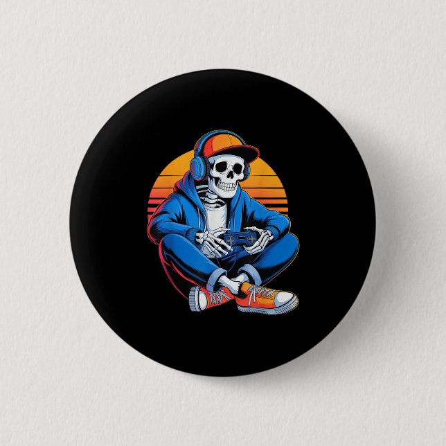 Funny Halloween Boys Men Kids Skeleton Video Gamin Button (Front)