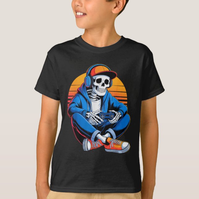 Funny Halloween Boys Men Kids Skeleton Video Gamin T-Shirt (Front)