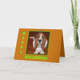 Funny Halloween Card Card w/Basset in Pumpkin Hat