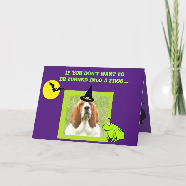 Funny Halloween Card w/Cute Basset, Bats & Frogs (Front)