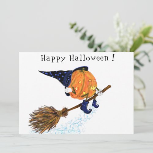 Funny Halloween Card with Witch Pumpkin Flying