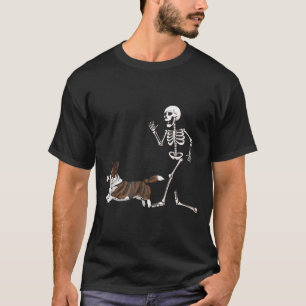 Funny Halloween Cardigan Welsh Corgi And Skeleton T-Shirt