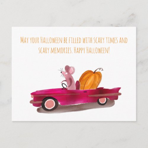 Funny Halloween Cartoon Mouse Delivering Pumpkin Postcard