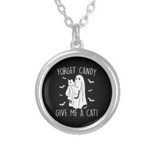 Funny Halloween Cat Ghost Forget Candy Give Me Cat Silver Plated Necklace