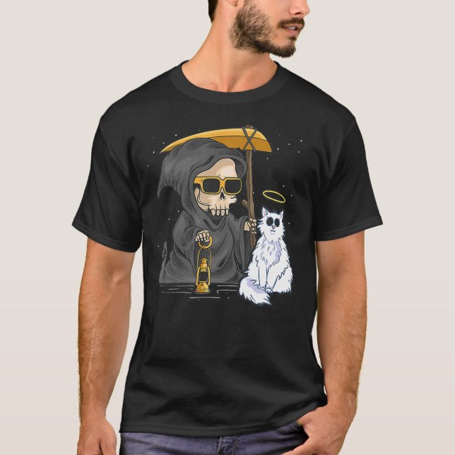 Funny Halloween Cat Grim Reaper Ghost Angle Kitten T-Shirt (Front)