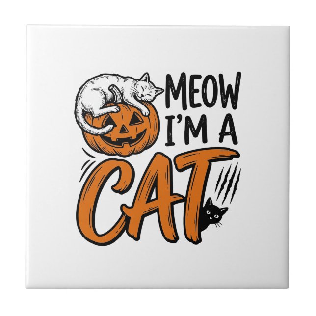 Funny Halloween Cat Pumpkin Typography Shirt Desig Ceramic Tile (Front)
