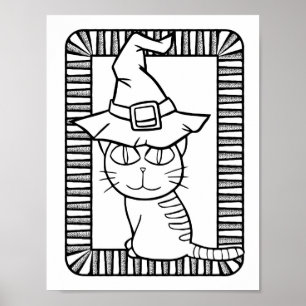 Funny Halloween Cat Standing Coloring Page Poster